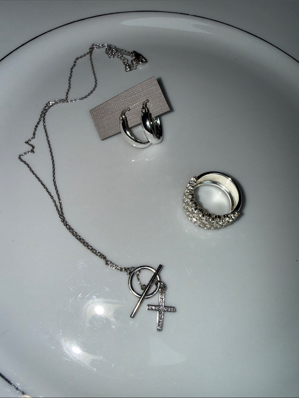Silver Jewelry Bundle Cross Necklace Hoop Earrings Crystal Ring NWOT 3-Piece Set
